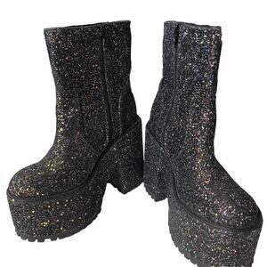 YRU Black Glitter Ankle Boots